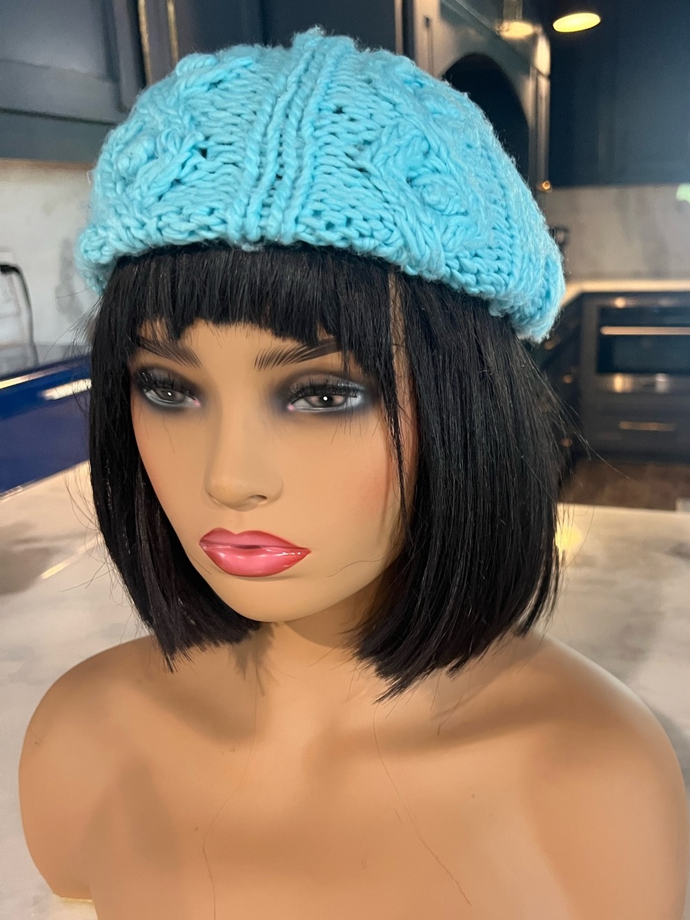 Hand-Knit Light Blue Cable Beanie